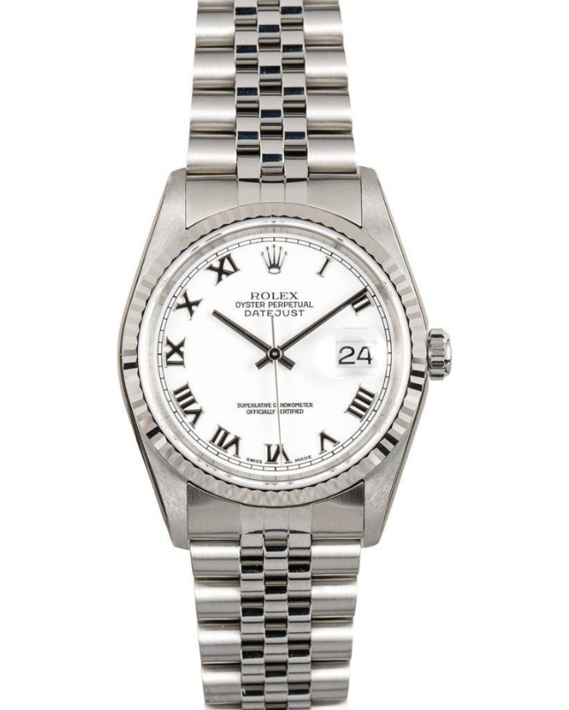 Silver wristwatch with Roman numeral dial and date display on a metal link band