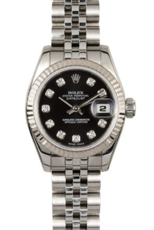 Silver wristwatch with black dial and diamond hour markers on a metal bracelet.