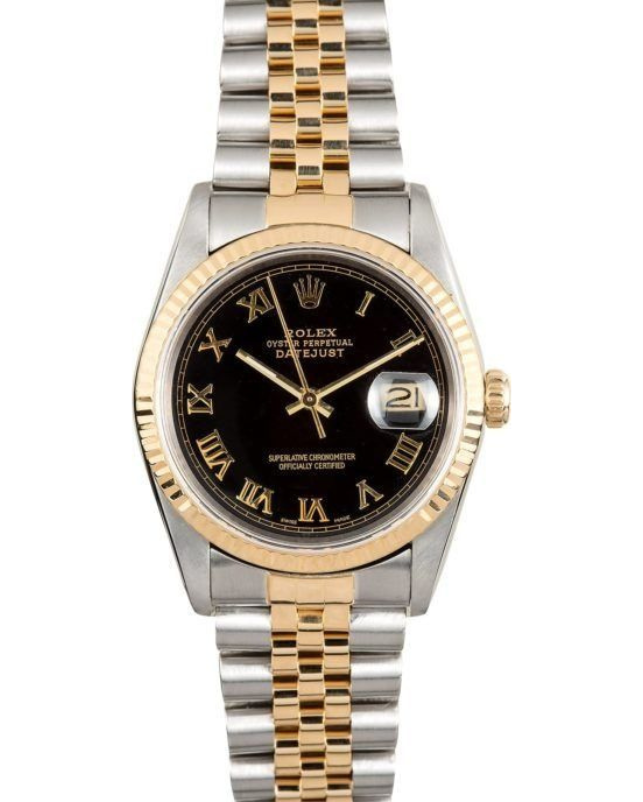 Two-tone Rolex watch with black dial, gold accents, and date magnifier on the right side