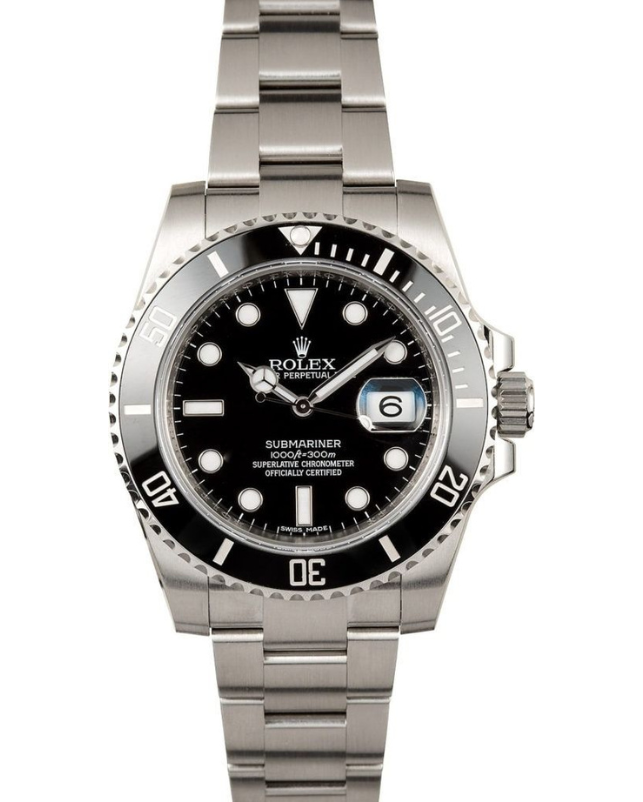 Black Rolex-style wristwatch with silver metal band and date window