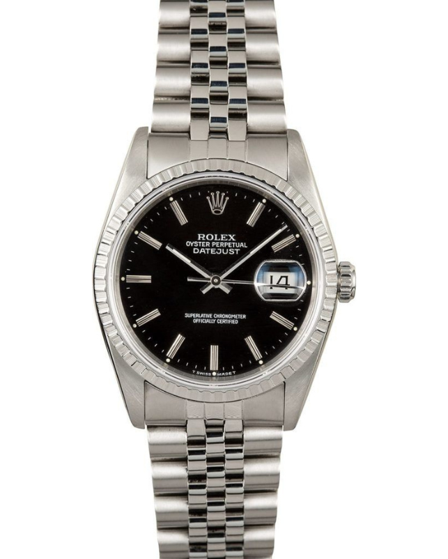 Silver wristwatch with black dial, diamond hour markers, and date display on a metal band