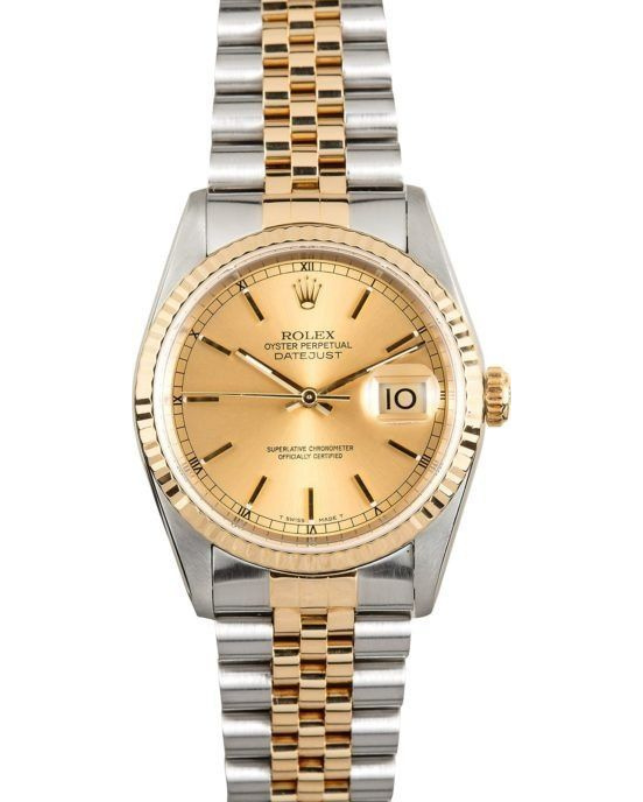 Two-tone gold and silver Rolex wristwatch with a champagne dial and date display.
