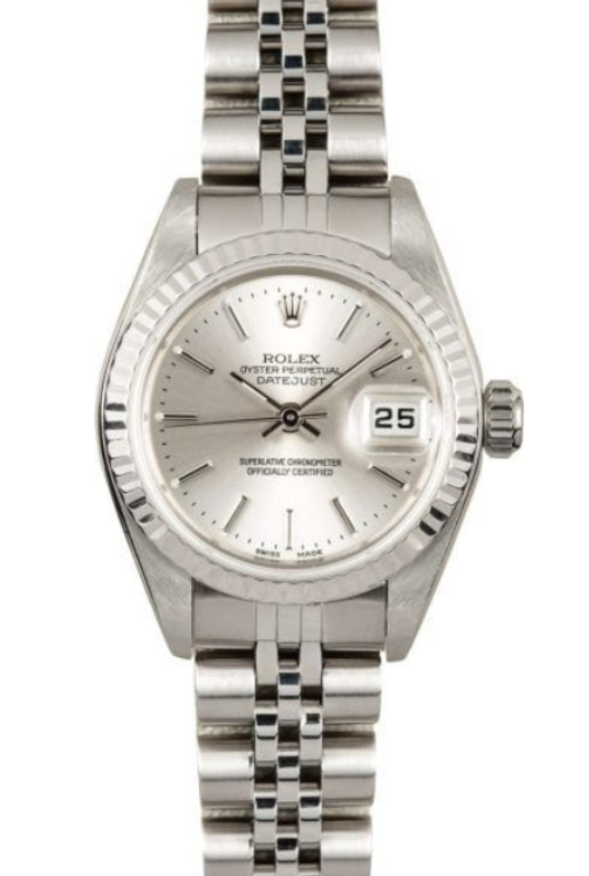 Silver Rolex wristwatch with diamond bezel and date display on a metal bracelet