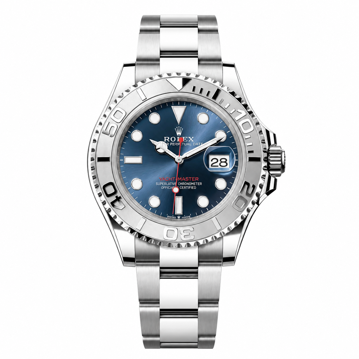 Silver wristwatch with blue dial, date display, and metal bracelet