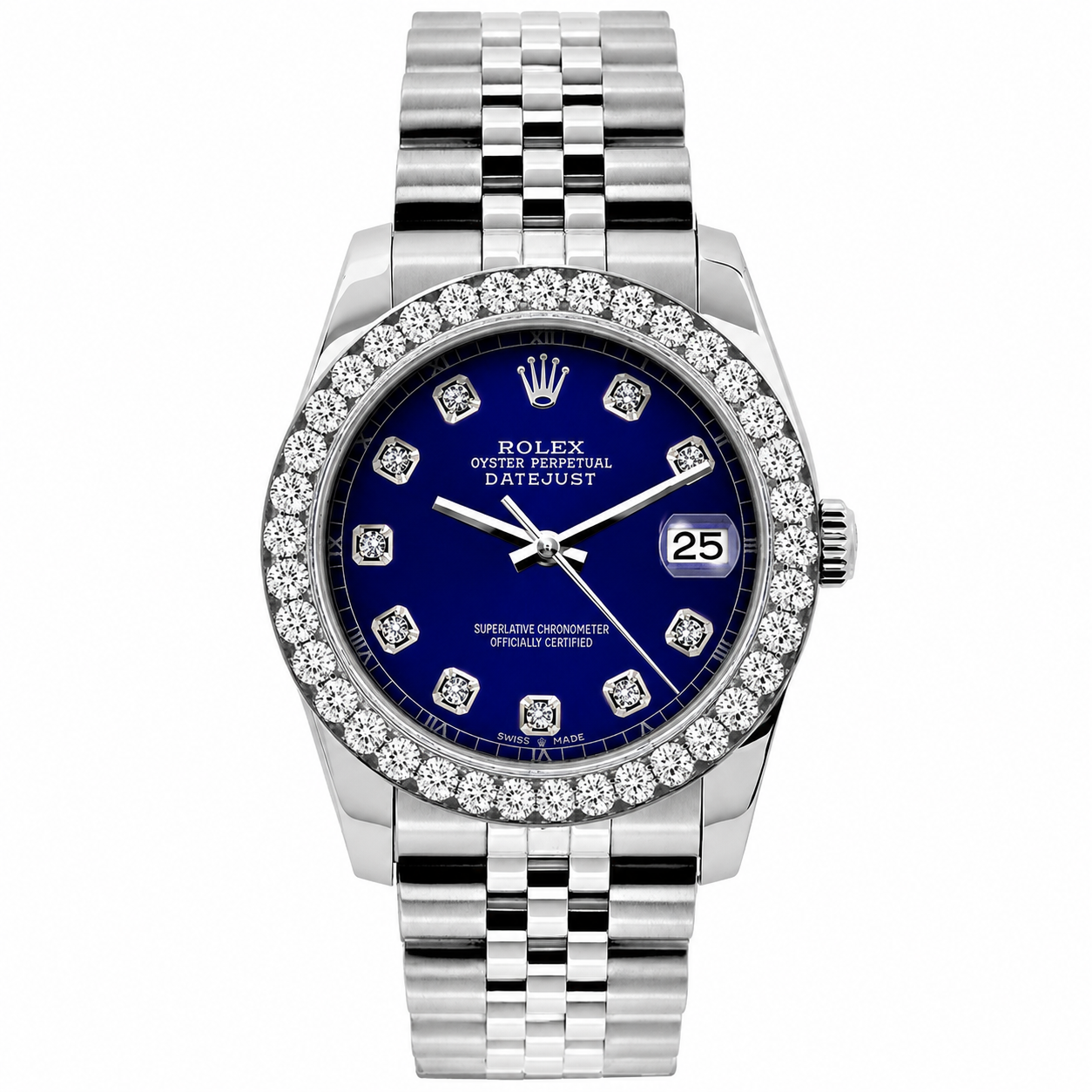 Silver Rolex wristwatch with diamond markers and date display on a metal bracelet