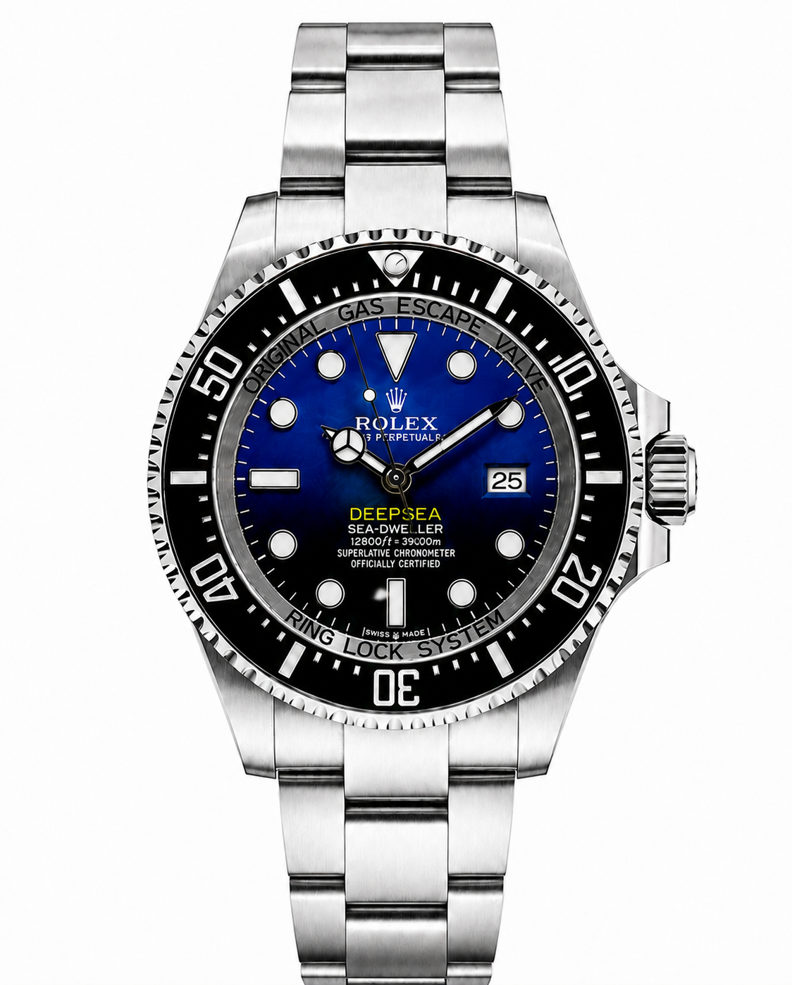 Two-tone Rolex Yacht-Master watch with blue bezel, white dial, and gold accents