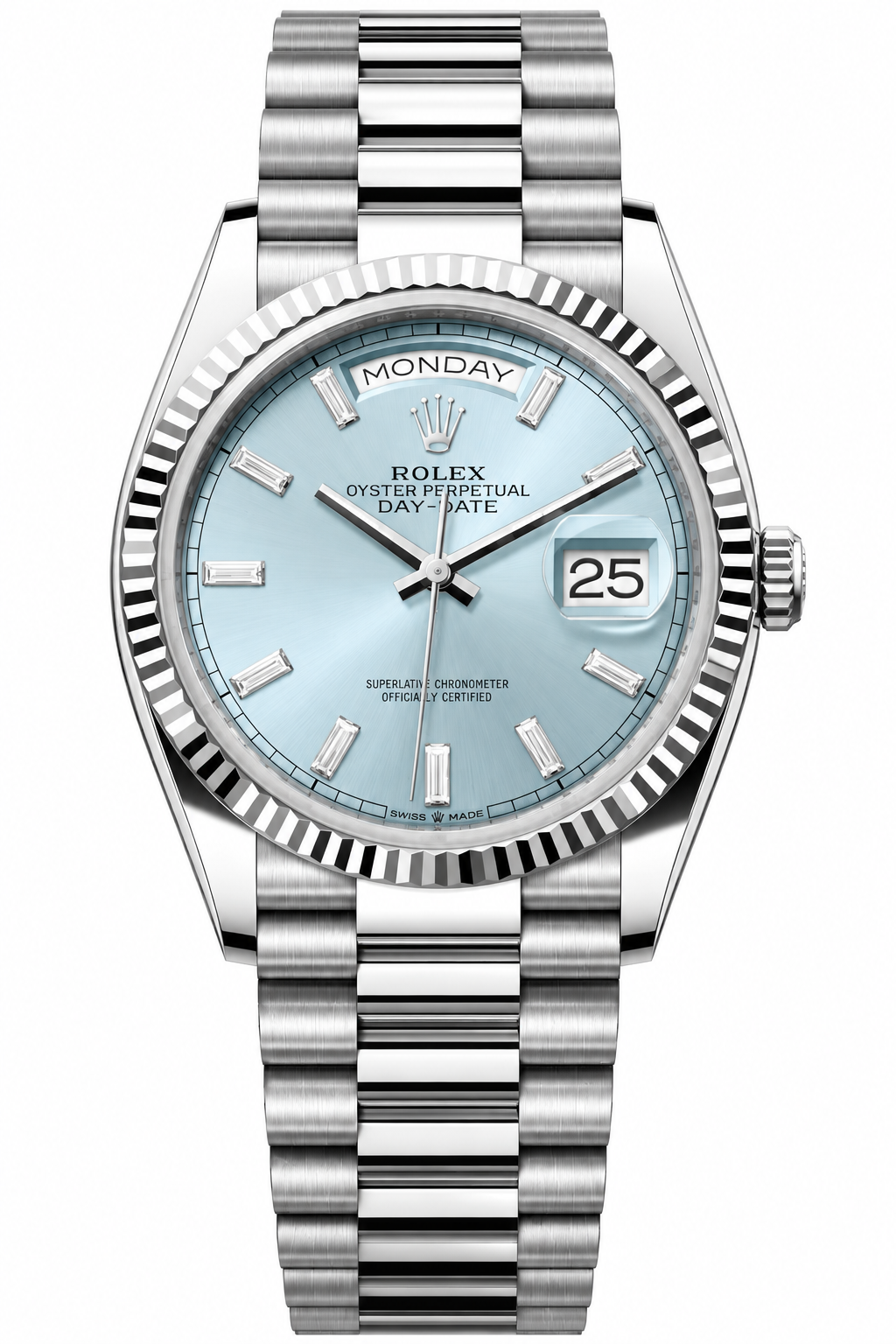 Silver Rolex watch with white dial and Roman numerals, showing Monday and date 27
