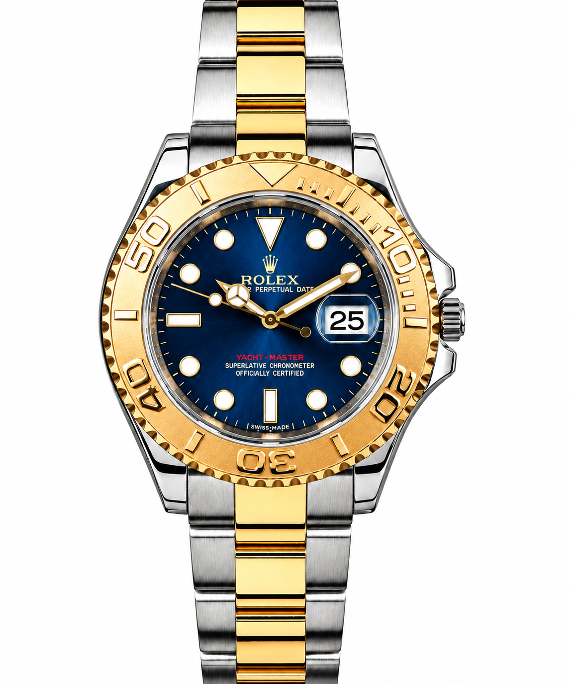 Two-tone Rolex watch with blue dial and gold bezel, showing 2:00.