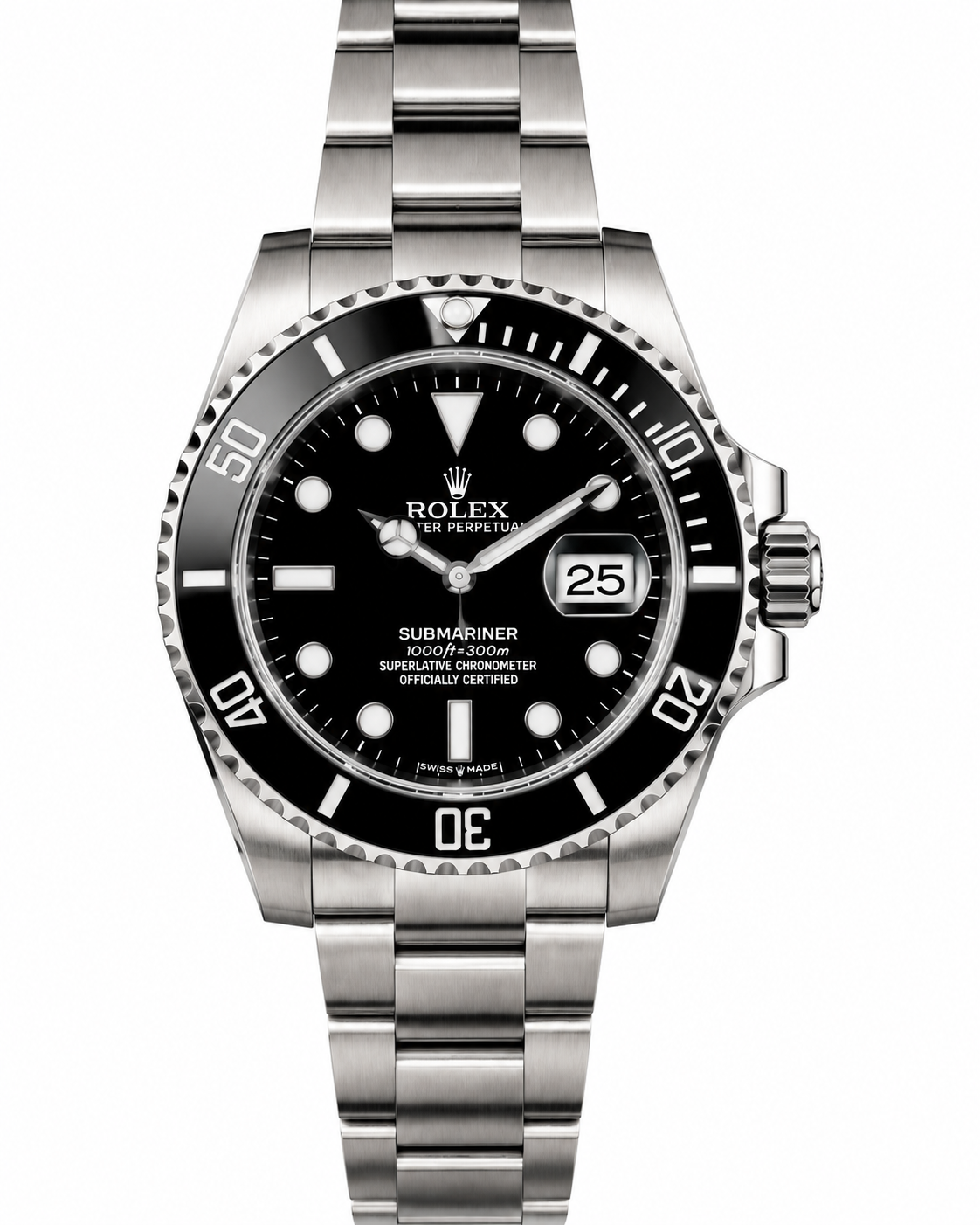 Black Rolex-style wristwatch with silver metal band and date window