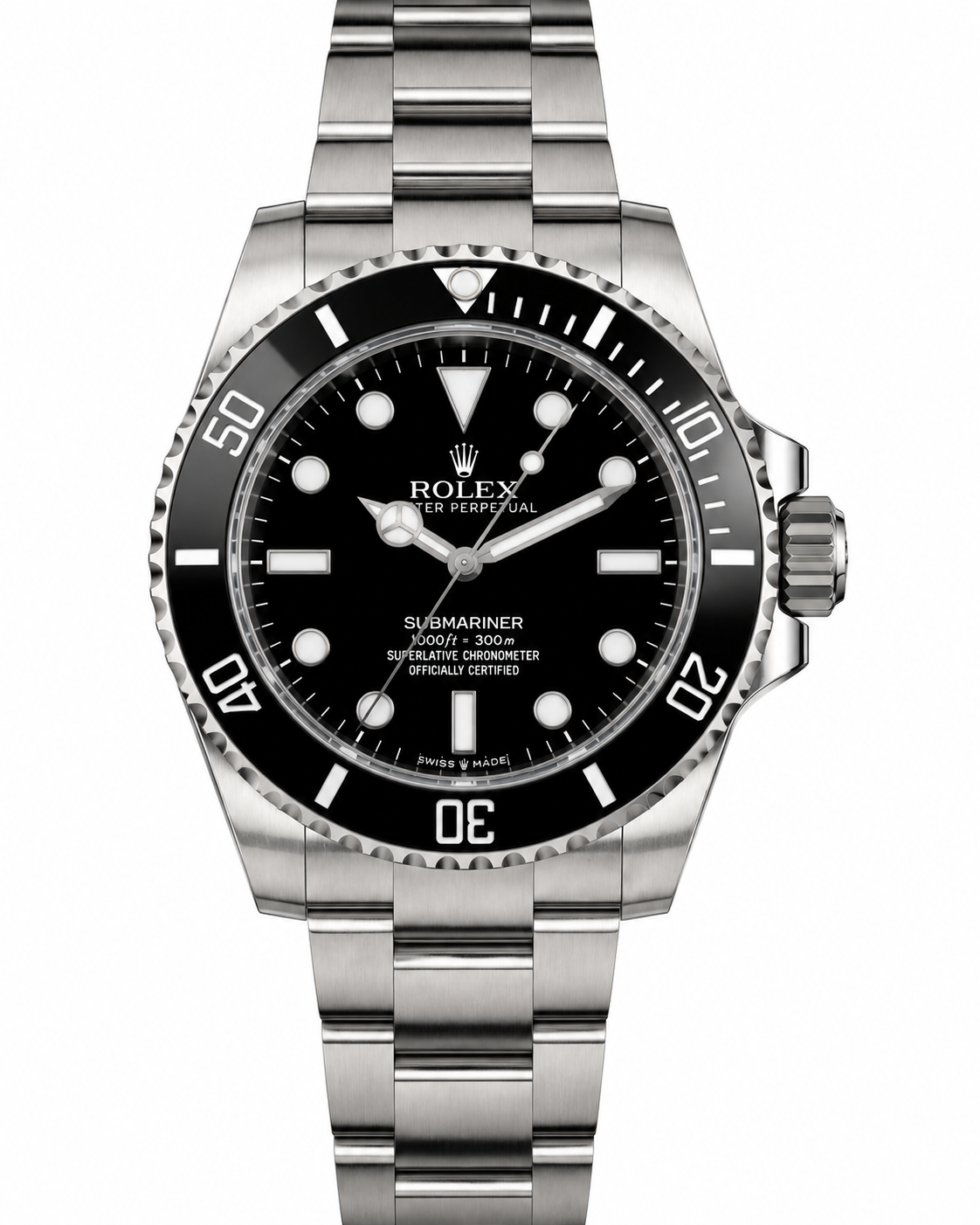Silver wristwatch with black dial and stainless steel band, viewed front-on.