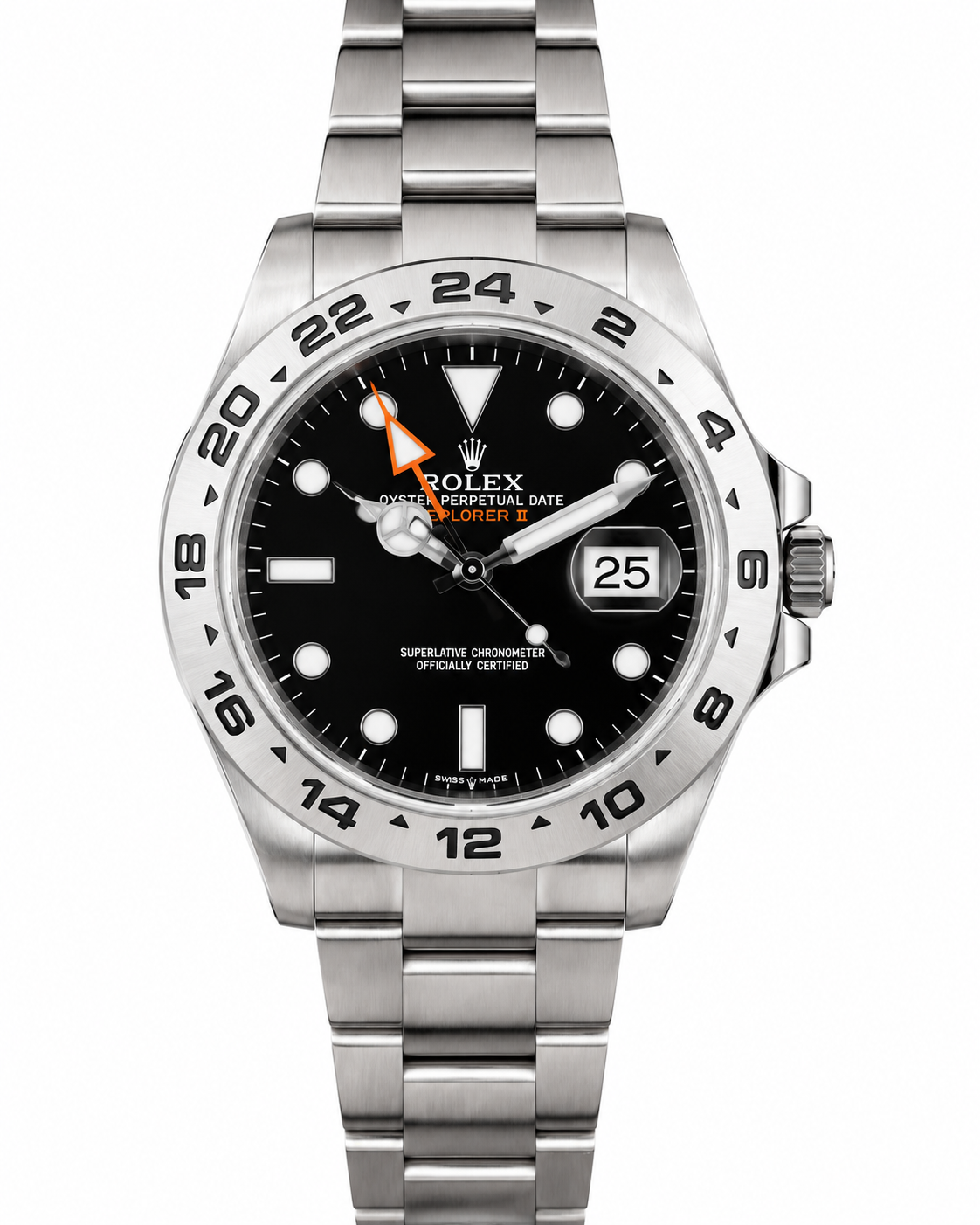 Silver Rolex watch with black dial and date window on metal band