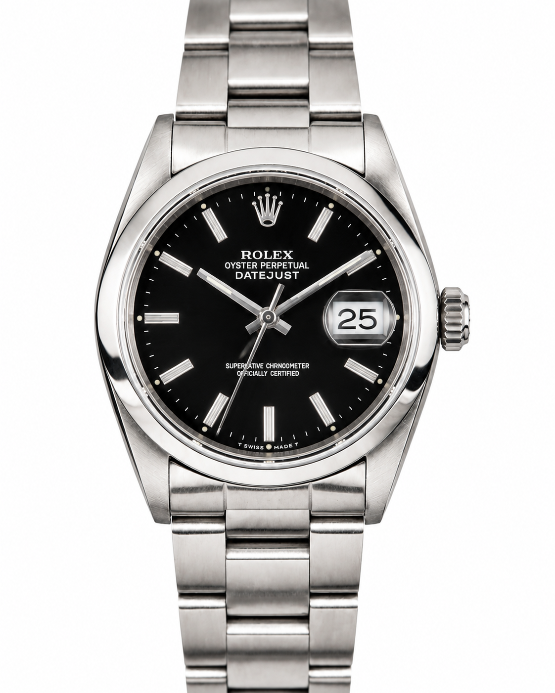 Silver wristwatch with a black dial and date display on a metal band