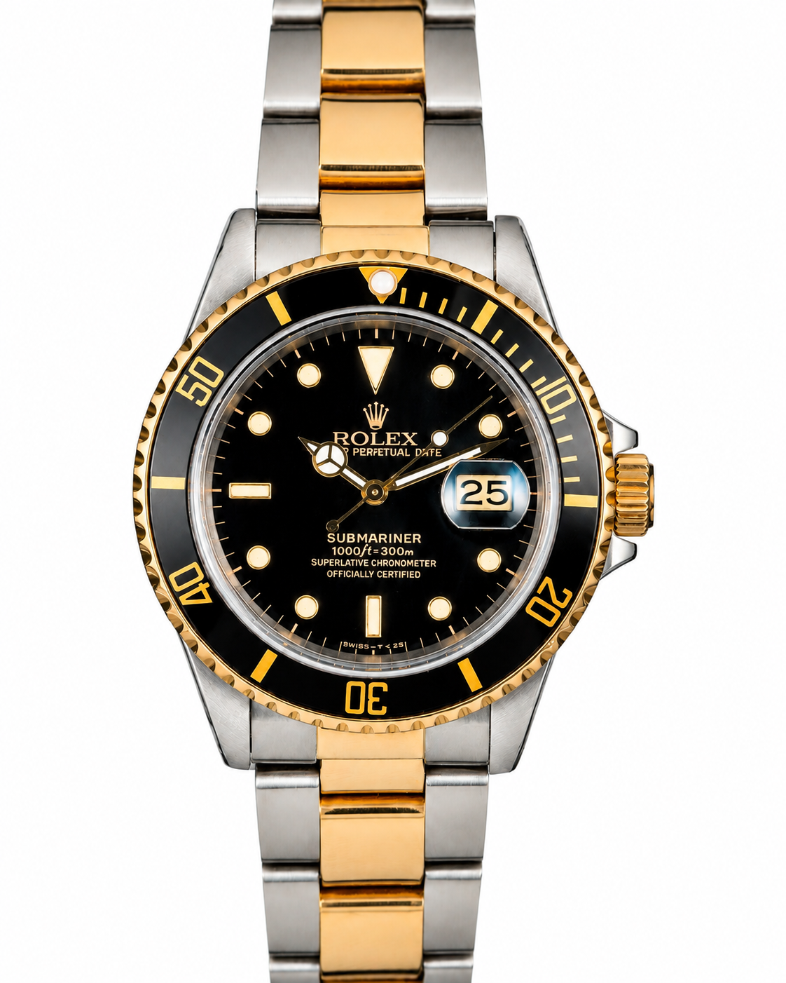 Two-tone Rolex Submariner watch with black dial and bezel, showing date at 3 o’clock