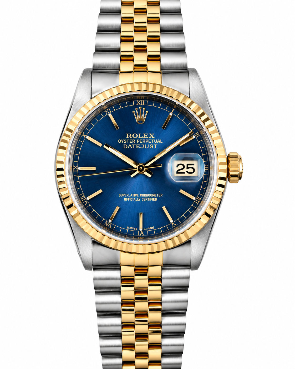 Blue dial two-tone Rolex wristwatch with date display on a silver and gold bracelet