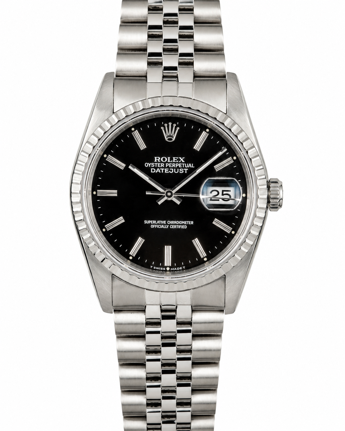 Silver wristwatch with black dial, diamond hour markers, and date display on a metal band