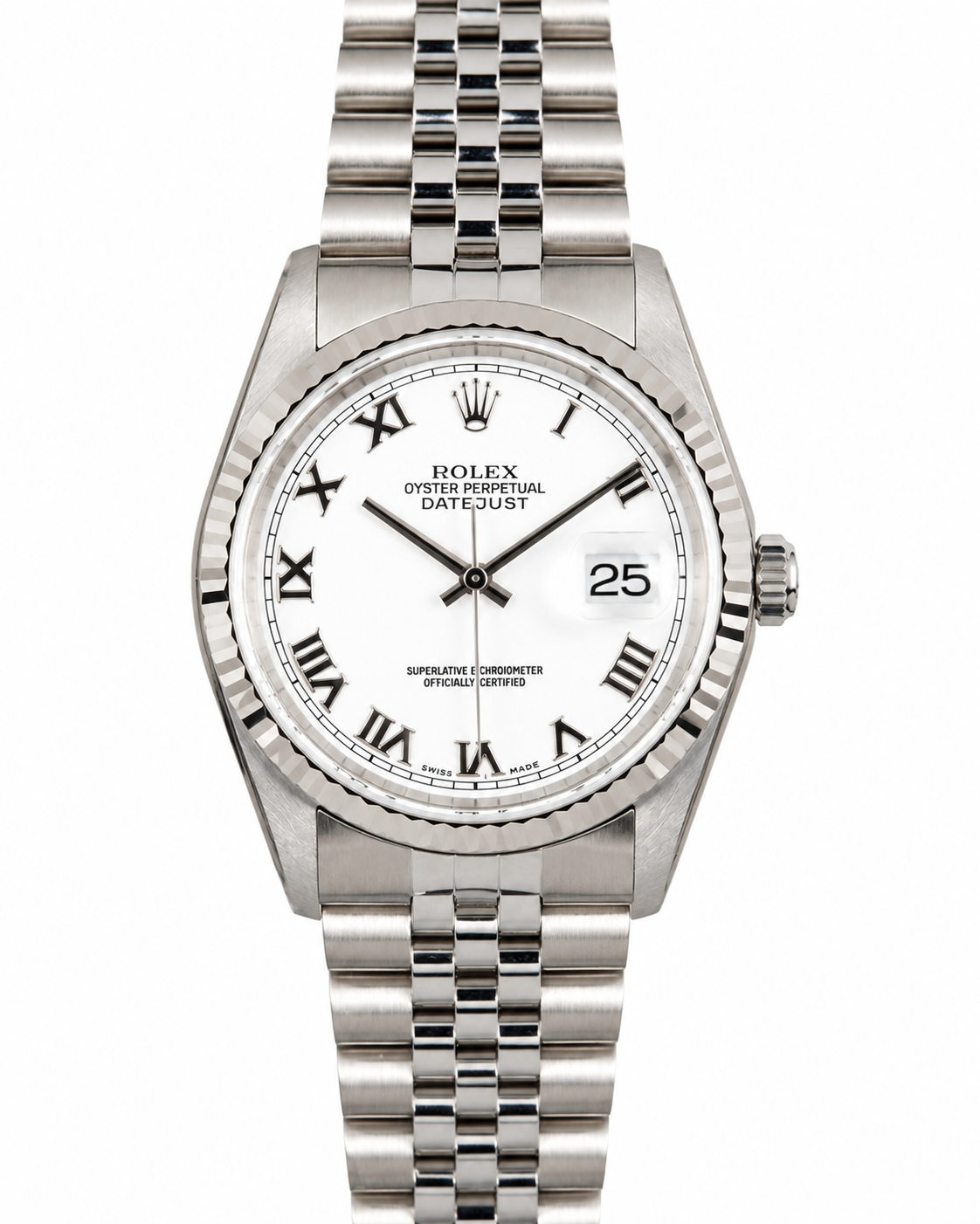 Silver wristwatch with Roman numeral dial and date display on a metal link band