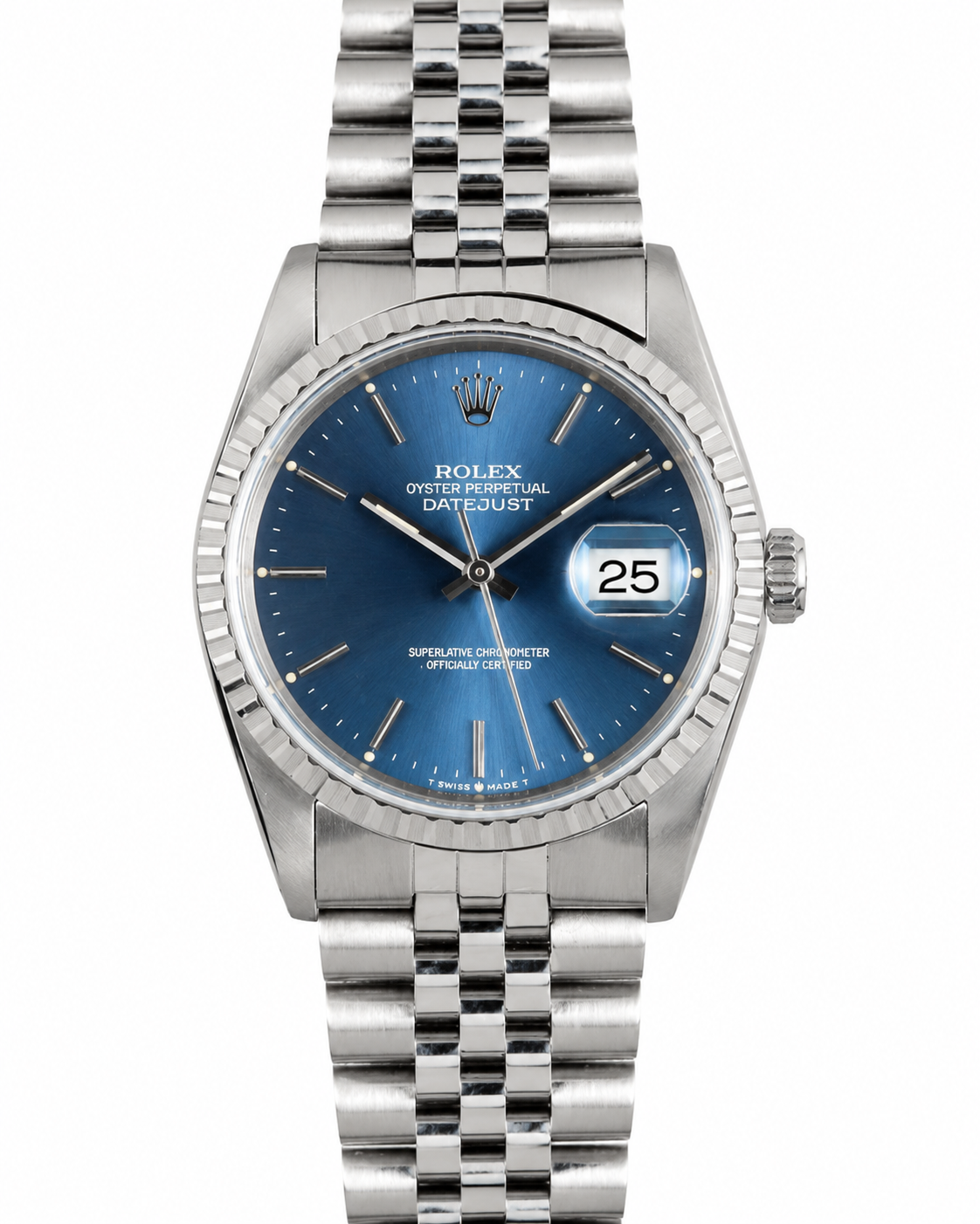 Silver wristwatch with blue dial and date display