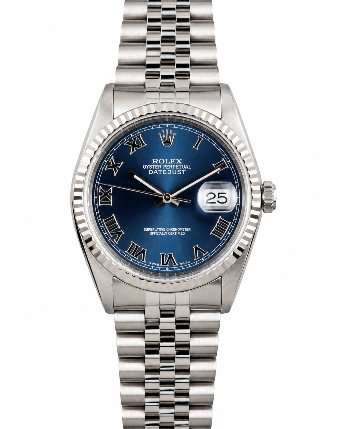 Silver wristwatch with blue dial and date display on a metal bracelet