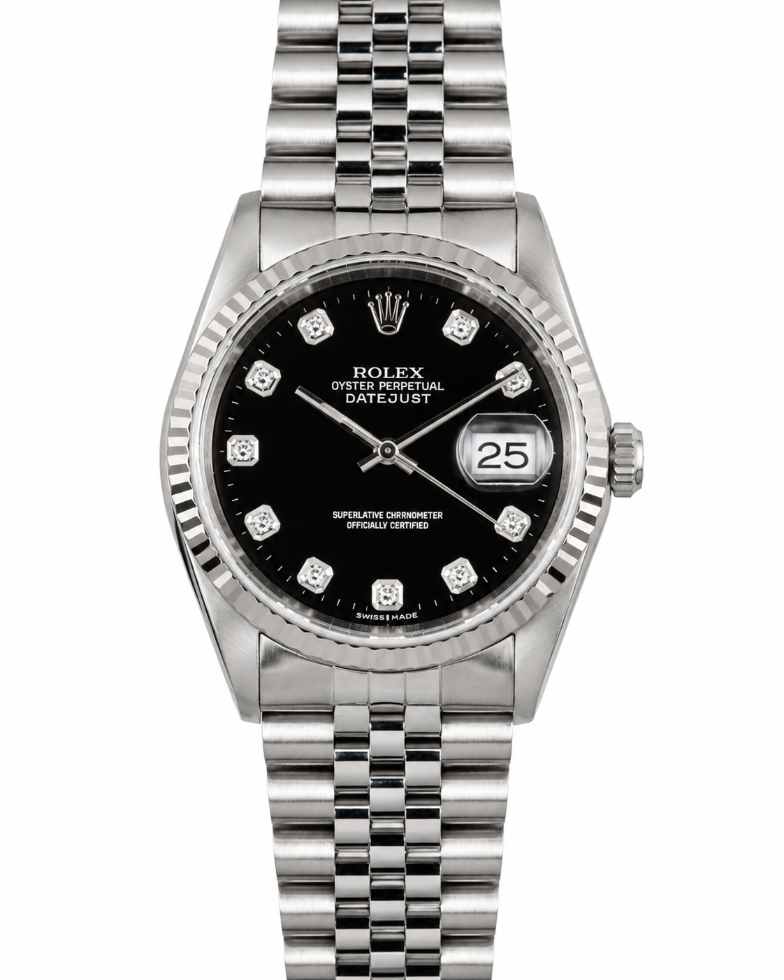 Silver wristwatch with black dial, diamond markers, and date display on a metal band