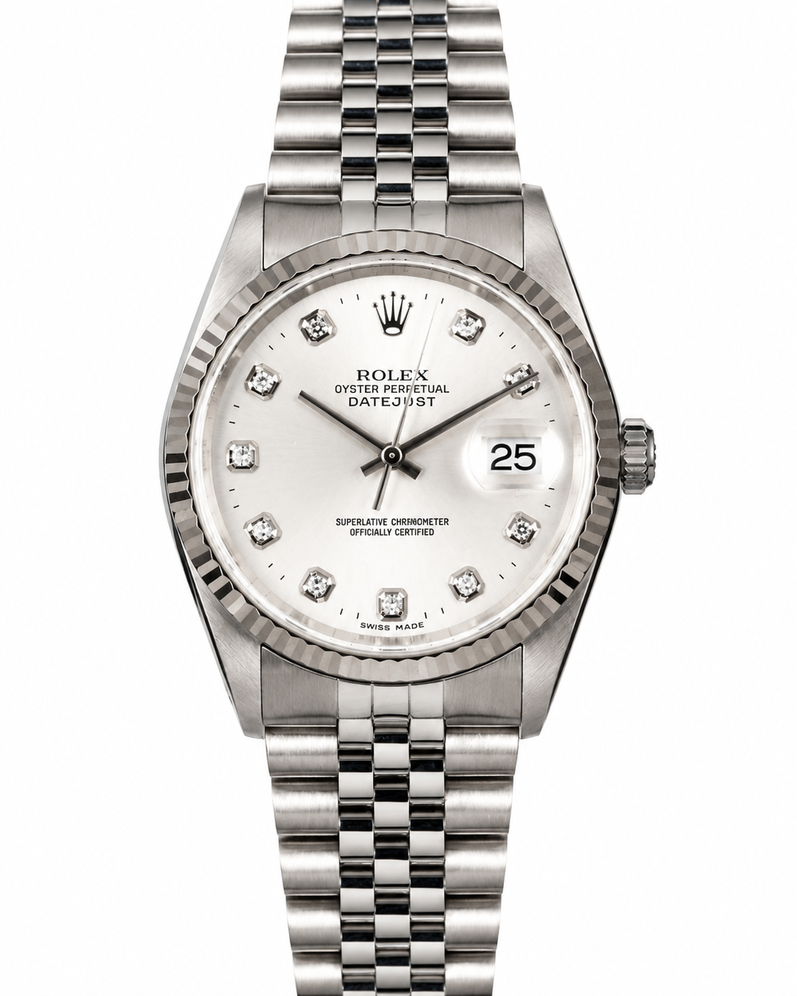 Silver wristwatch with white face and metal bracelet, showing diamond hour markers and date window