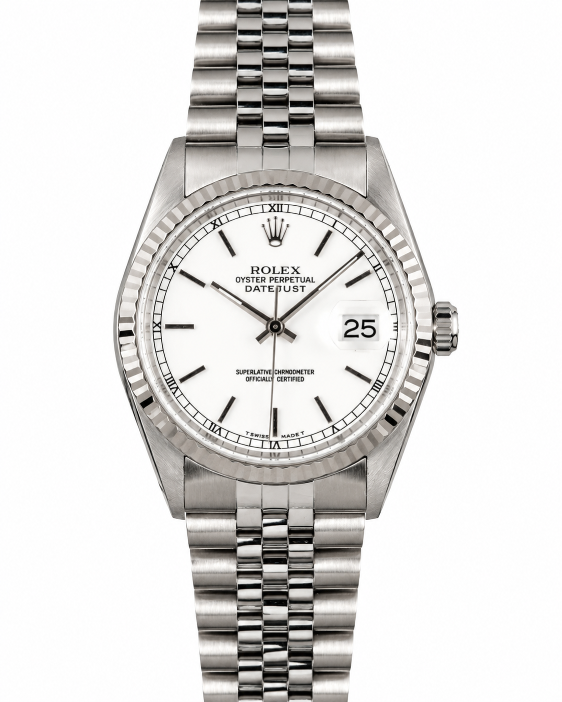 Silver Rolex wristwatch with white dial and date display on a stainless steel band