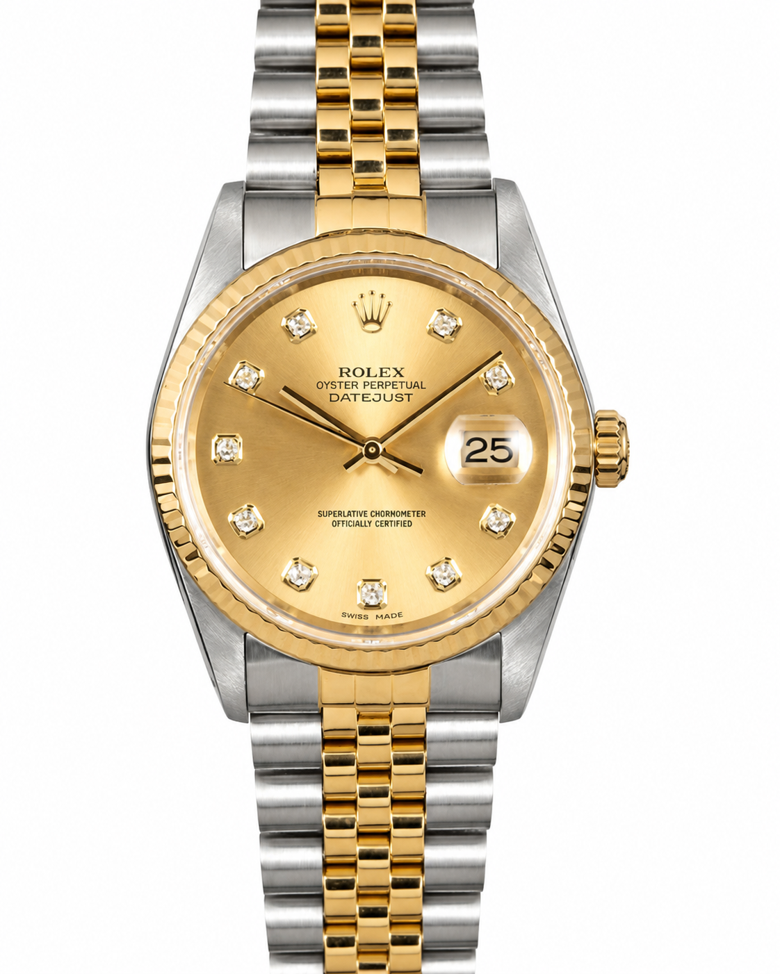 Two-tone gold and silver Rolex wristwatch with a diamond dial and date display