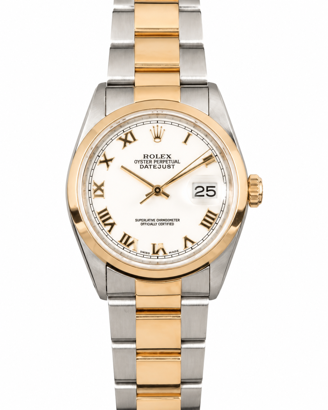 Two-tone gold and silver Rolex watch with white dial and Roman numerals