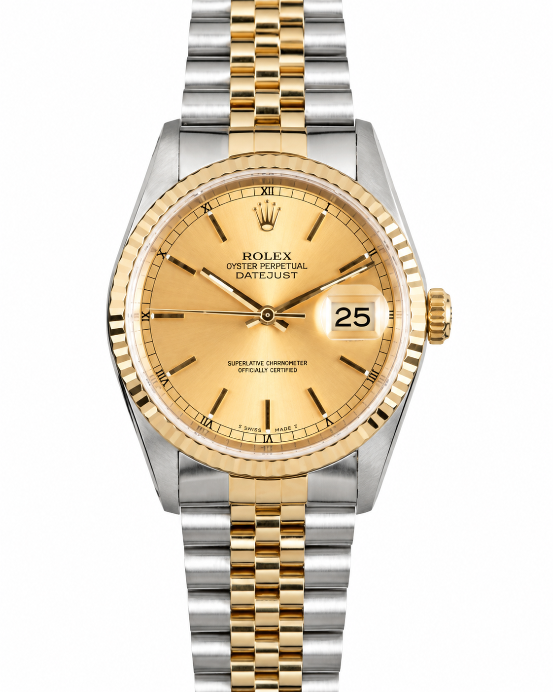 Two-tone gold and silver Rolex wristwatch with a champagne dial and date display.