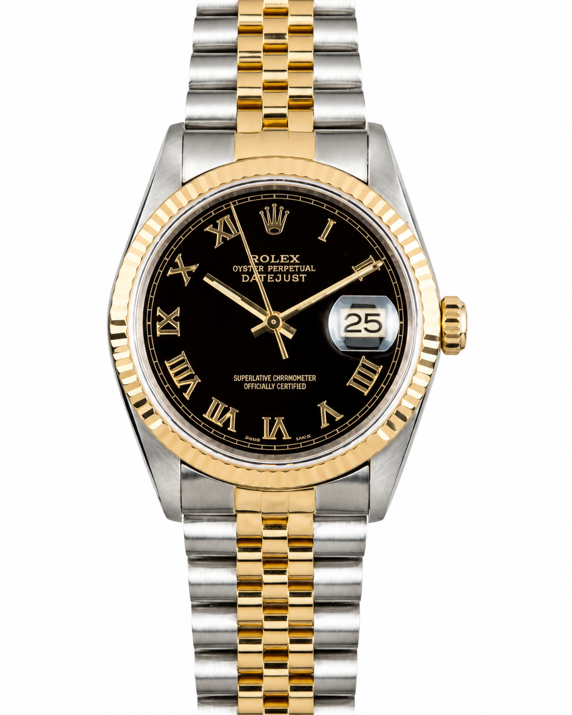 Two-tone Rolex watch with black dial, gold accents, and date magnifier on the right side