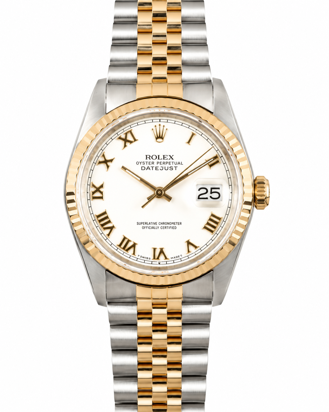 Two-tone Rolex wristwatch with white dial, Roman numerals, and date window