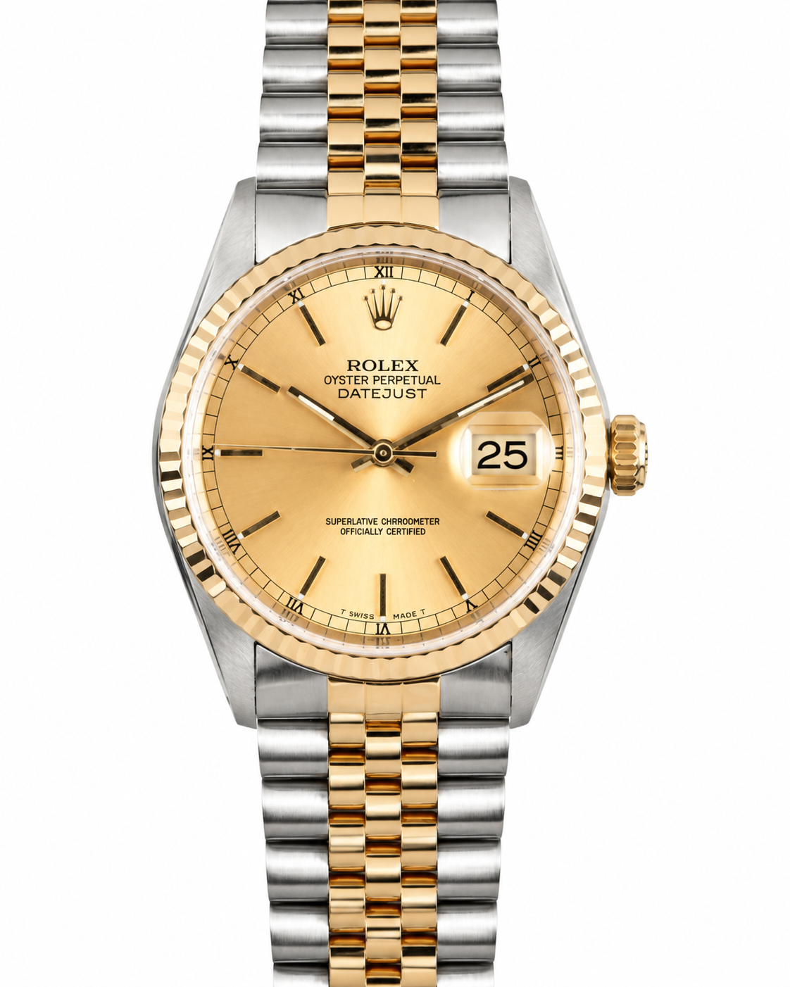 Two-tone gold and silver Rolex wristwatch with a champagne dial and date window