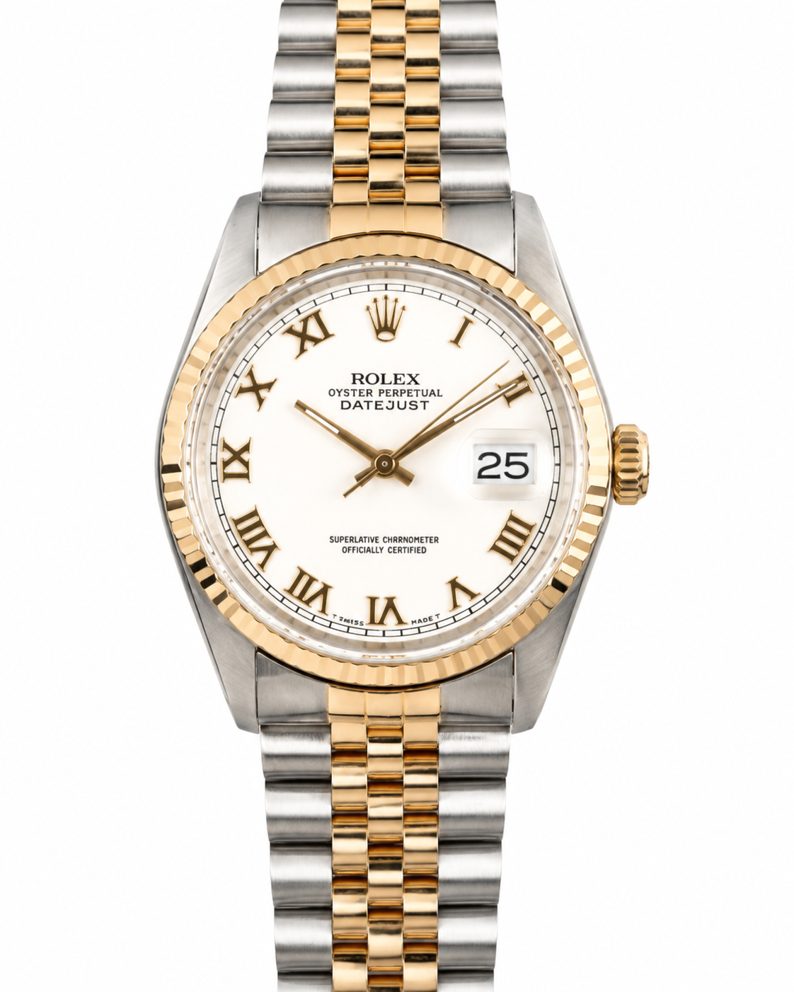 Two-tone Rolex watch with white dial, gold accents, and date display