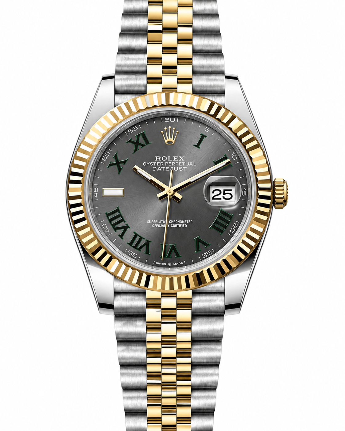 Two-tone Rolex Datejust wristwatch with silver dial, gold accents, and date window