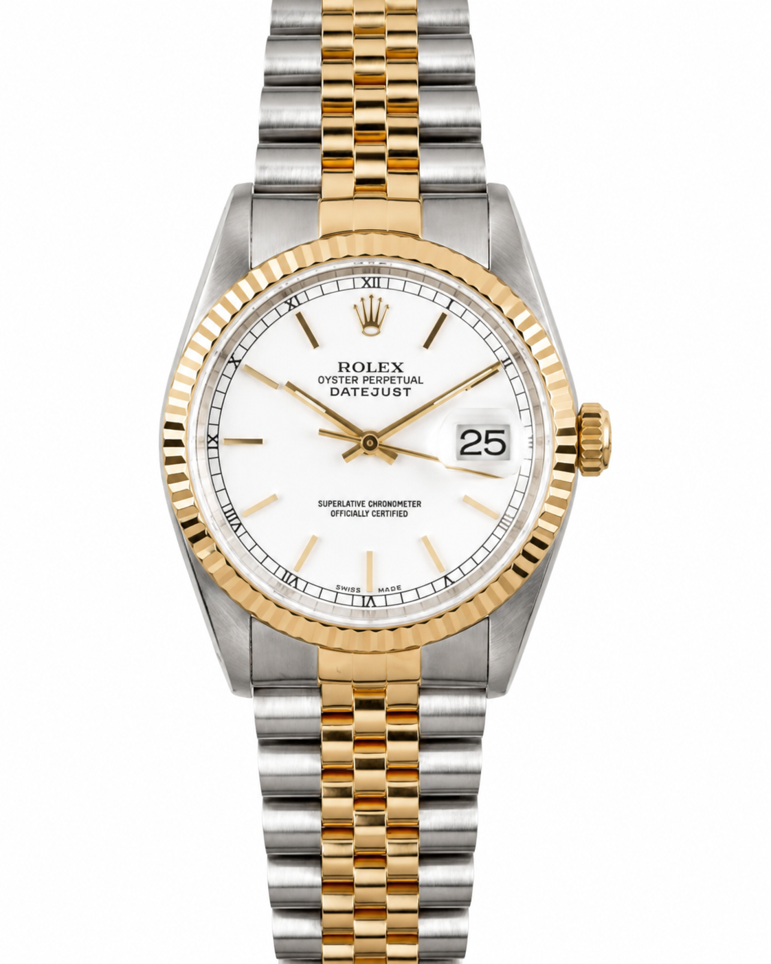 Two-tone gold and silver Rolex wristwatch with white dial and date display