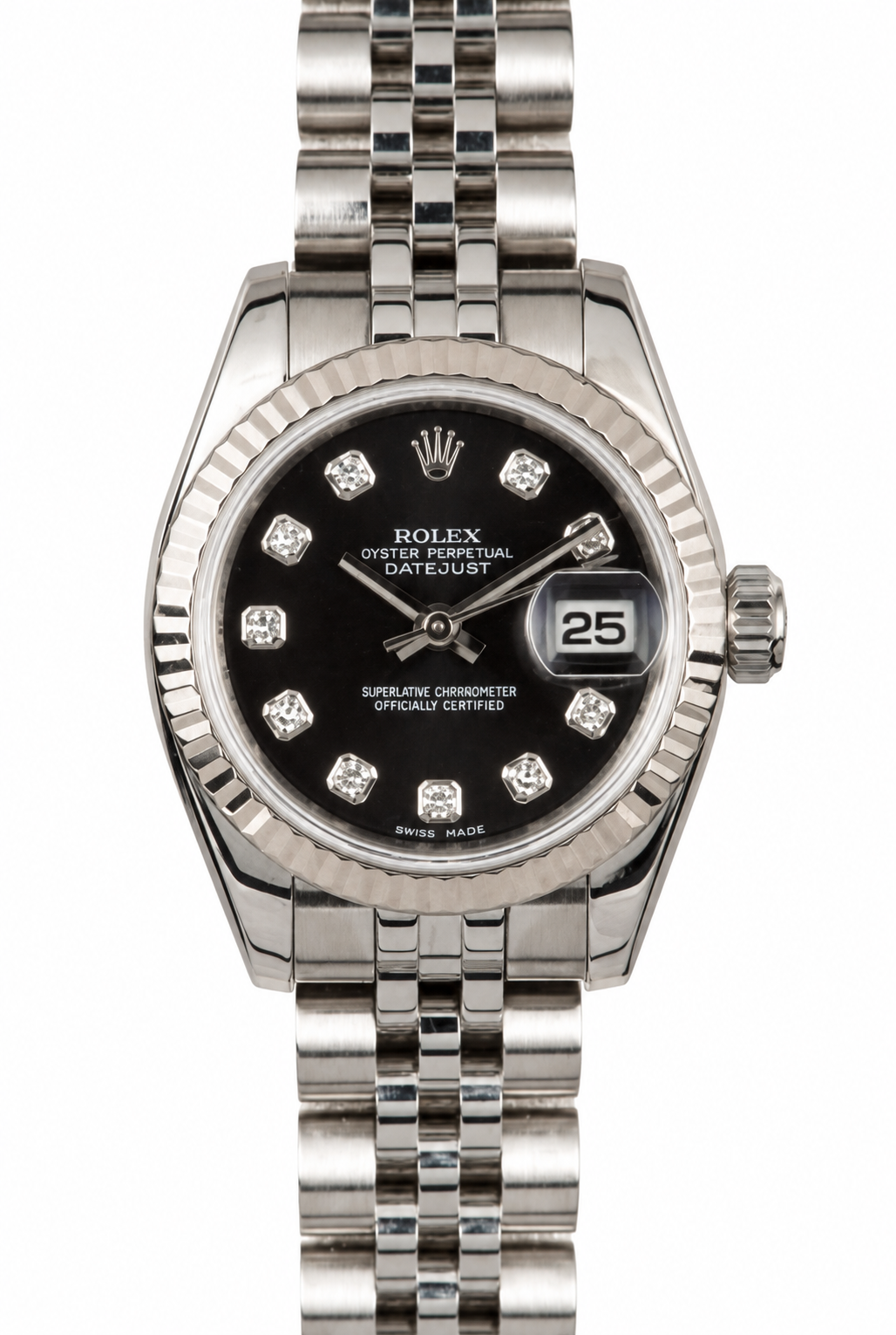 Silver wristwatch with black dial and diamond hour markers on a metal bracelet.