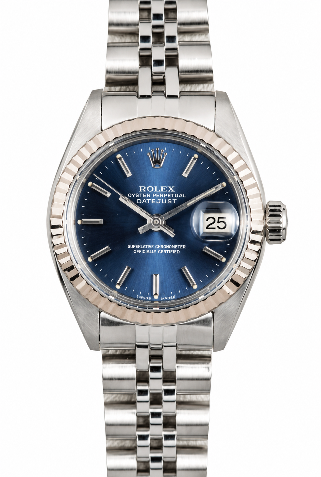 Silver wristwatch with a blue dial and diamond-style bezel on a metal bracelet