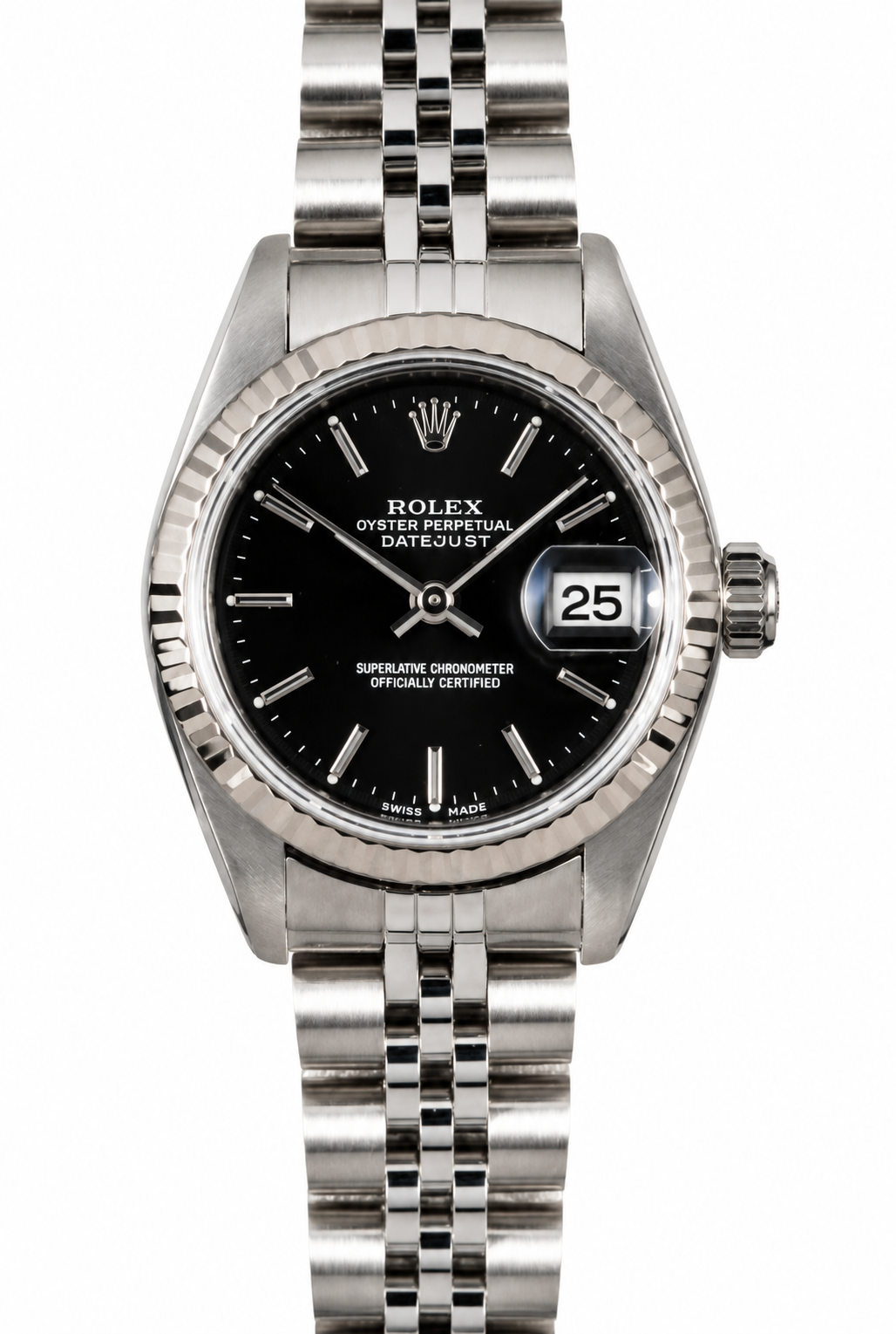 Two-tone Rolex wristwatch with black dial and date window on metal bracelet