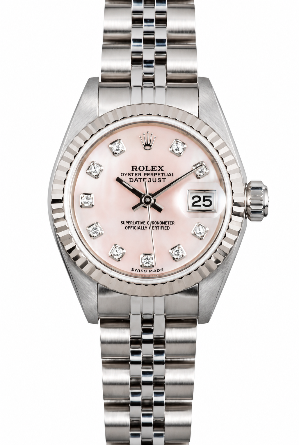 Pink Rolex wristwatch with diamond hour markers and silver bracelet on white background