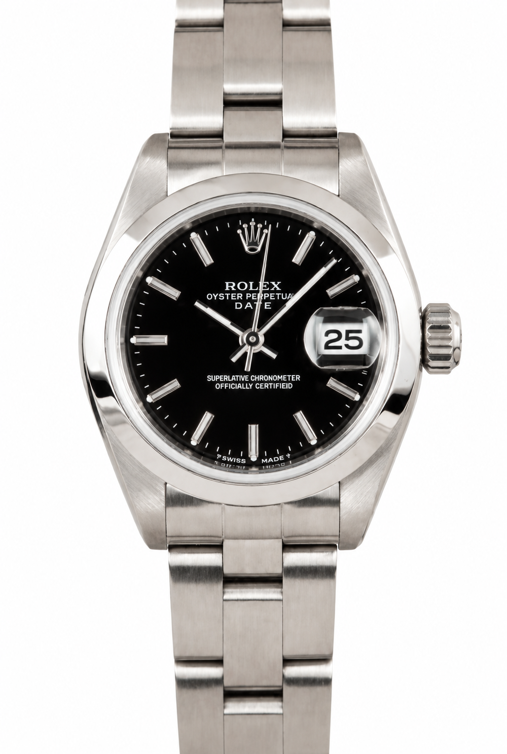 Silver wristwatch with black dial and date display on metal band