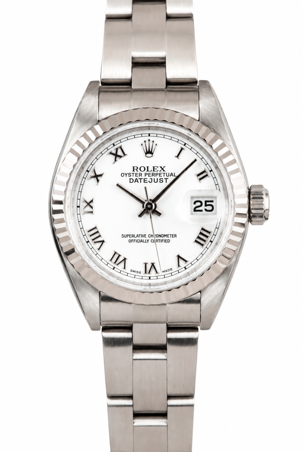 Silver wristwatch with a white face and date display on a metal link bracelet