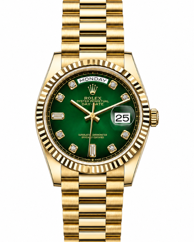 Silver Rolex wristwatch with white dial, Roman numerals, and date display on bracelet band
