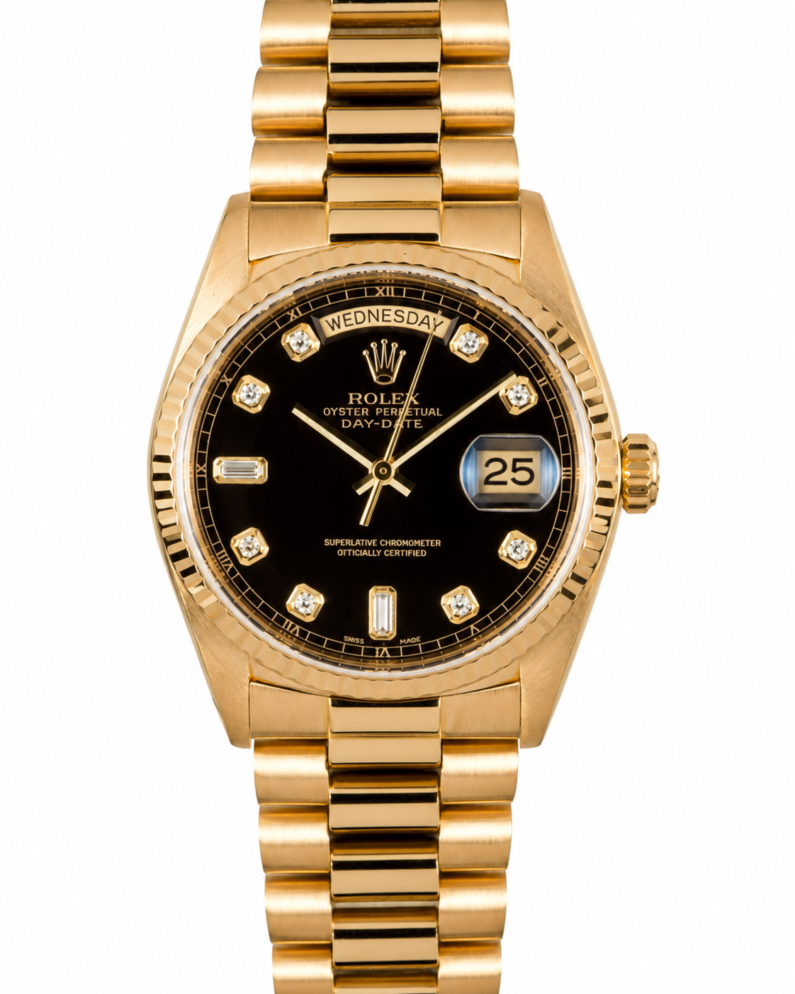 Gold wristwatch with black dial and date window