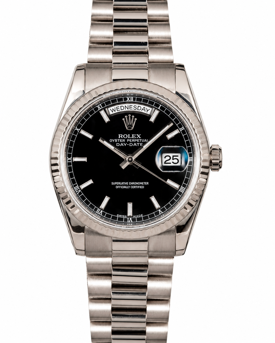 Silver Rolex watch with black dial and date display on a metal bracelet