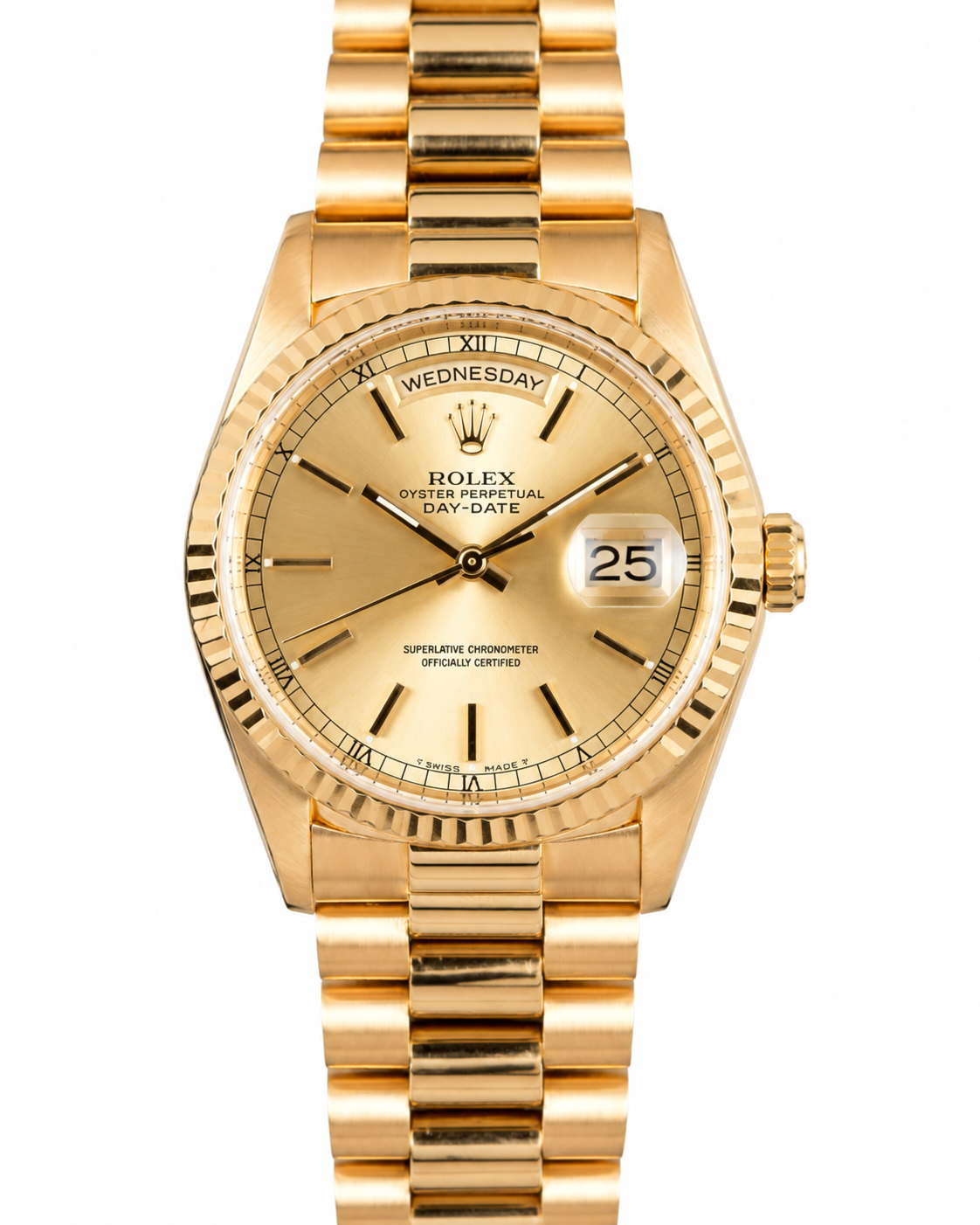Gold Rolex wristwatch with date display and two-tone metal band on a white background