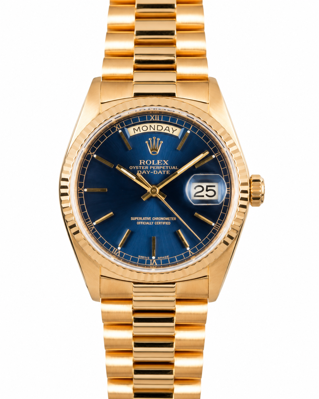 Gold Rolex watch with blue dial and date window on a gold bracelet
