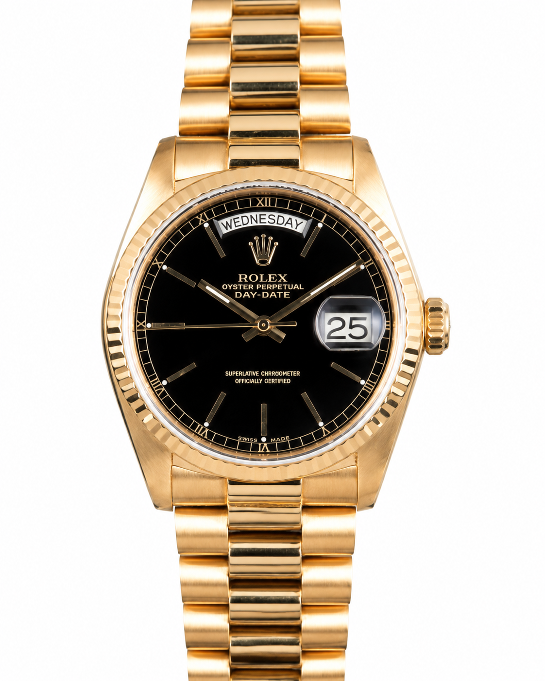 Gold Rolex wristwatch with black dial and date window on a gold metal band