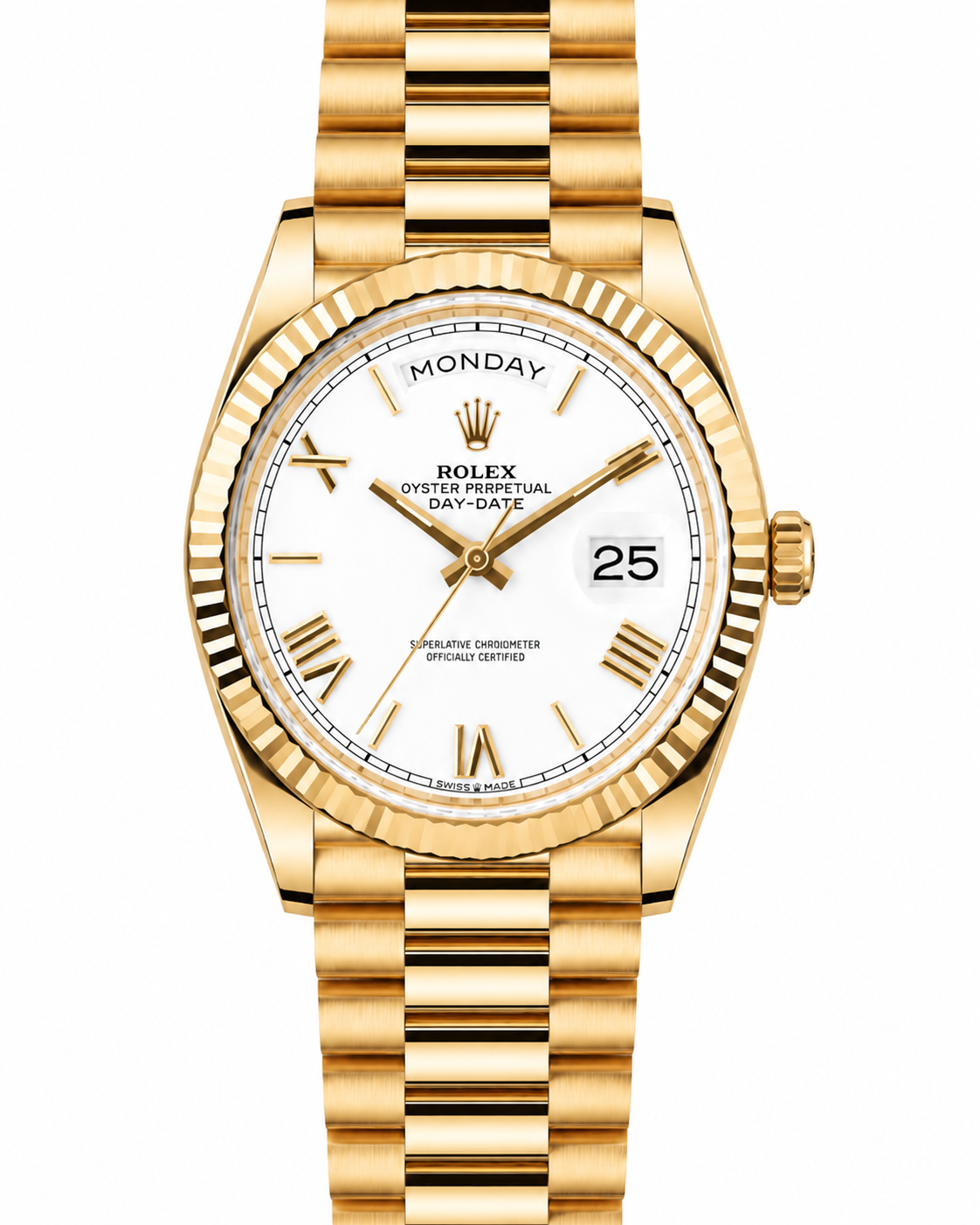 Gold Rolex watch with white dial and fluted bezel showing Monday and date 20
