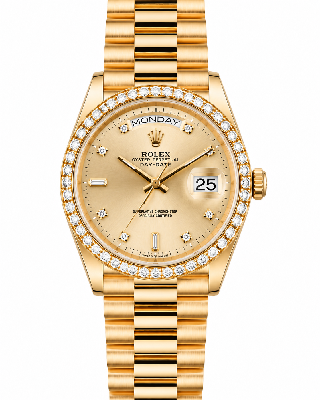 Gold Rolex watch with diamond bezel and champagne dial on a gold bracelet