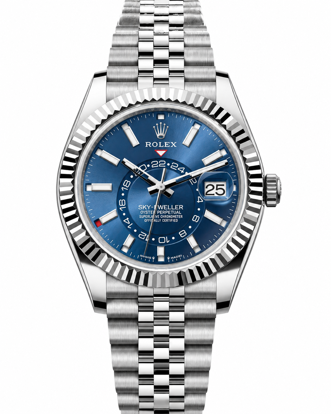 Blue and silver Rolex Yacht-Master II wristwatch with metal band and white dial