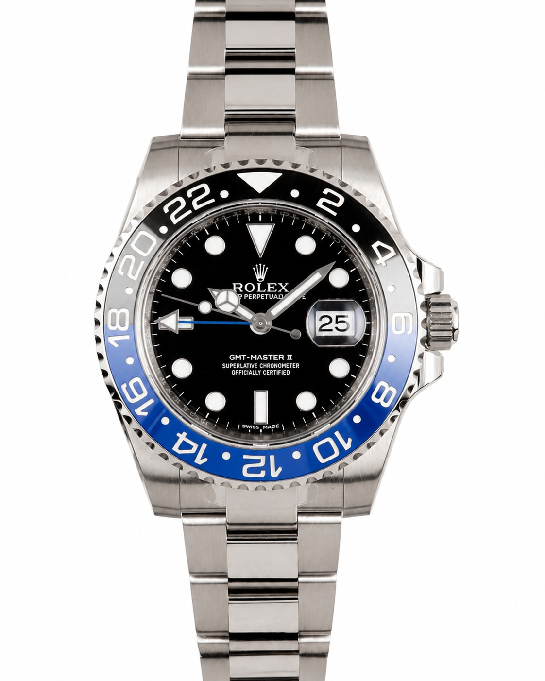 Black and blue Rolex GMT-Master II wristwatch with stainless steel band and date display